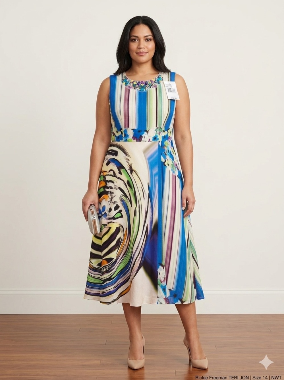 NWT Rickie Freeman for Teri Jon Beaded Striped Floral Dress | Size 14 | $580 MSR